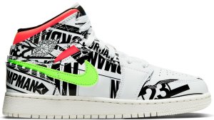 Jordan 1 Mid All Over Logos (GS) White/Racer Blue-Black-Cyber-Infrared 23-Sail (554725-143)