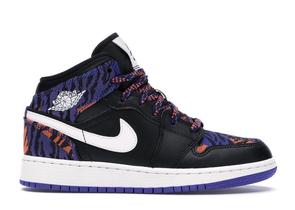 Jordan 1 Mid Multi-Color Tiger Stripe (GS) Black/White-Rush Violet-Black (AV5174-005)