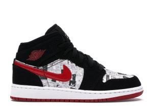 Jordan 1 Mid Newspaper Air Times (GS) Black/Gym Red-White (BQ6931-061)