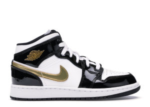 Jordan 1 Mid Patent Black White Gold (GS) Black/White-Metallic Gold (BQ6931-007)