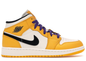 Jordan 1 Mid SE Lakers (GS) University Gold/Black-Pale Ivory-Court Purple-Sail (BQ6931-700)
