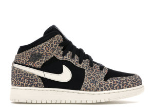 Jordan 1 Mid SE Leopard (GS) Black/Pale Ivory-Desert Ore (BQ6931-021)
