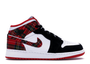 Jordan 1 Mid White Plaid (GS) Habanero Red/Black-White (554725-607)