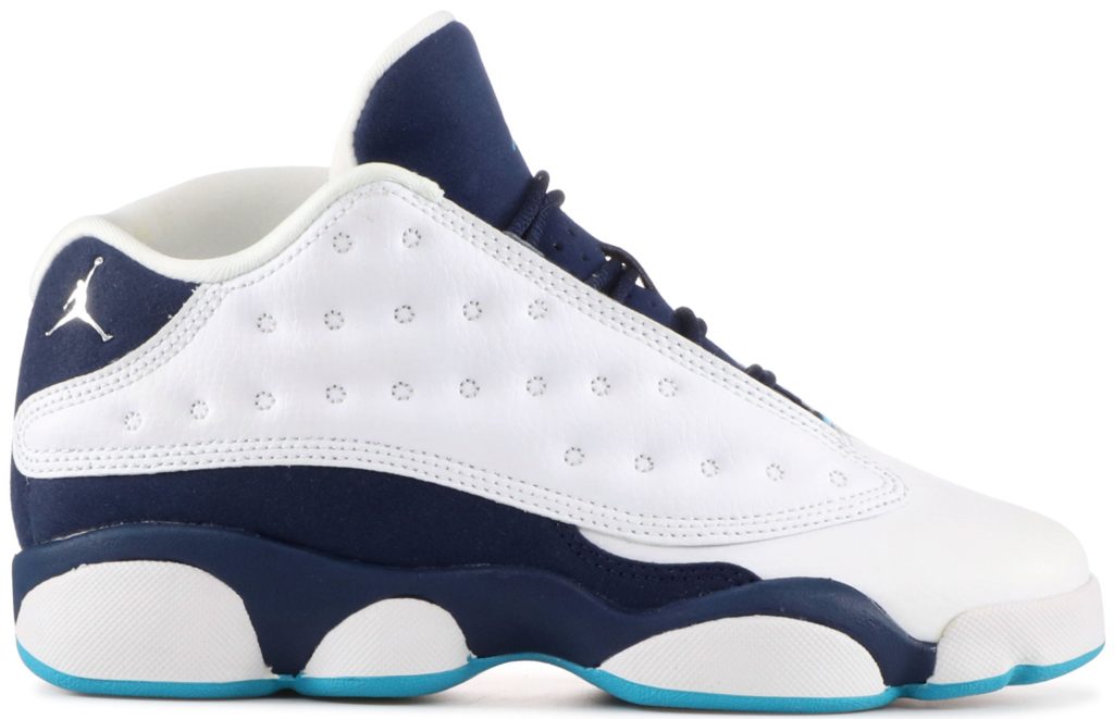 Jordan 13 Retro Low Hornets (GS) White/Metallic Silver-Midnight Navy-Turquoise Blue (310811-107)