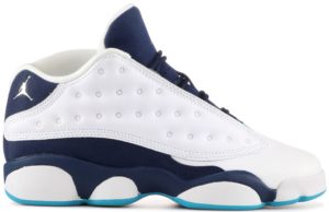 Jordan 13 Retro Low Hornets (GS) White/Metallic Silver-Midnight Navy-Turquoise Blue (310811-107)